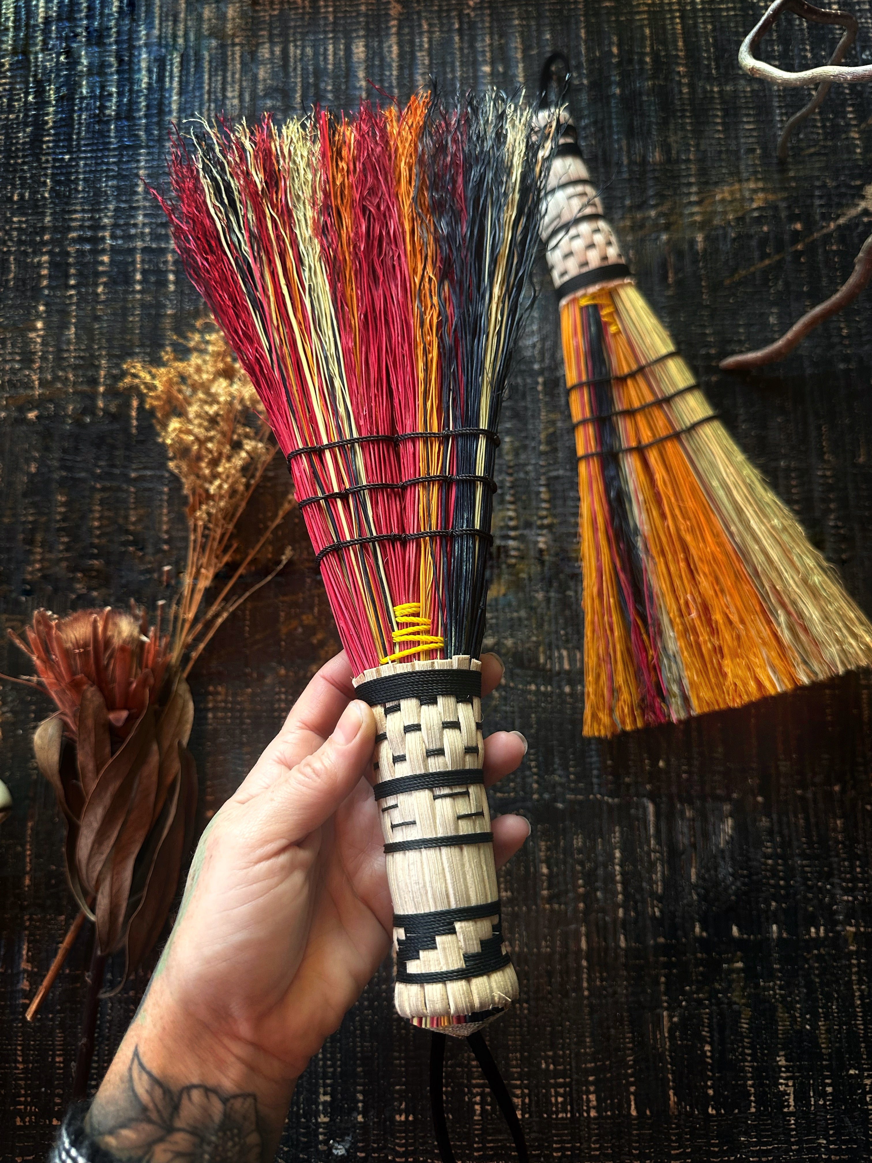 Hand Dyed, Woven Handle Stitched Hand Broom