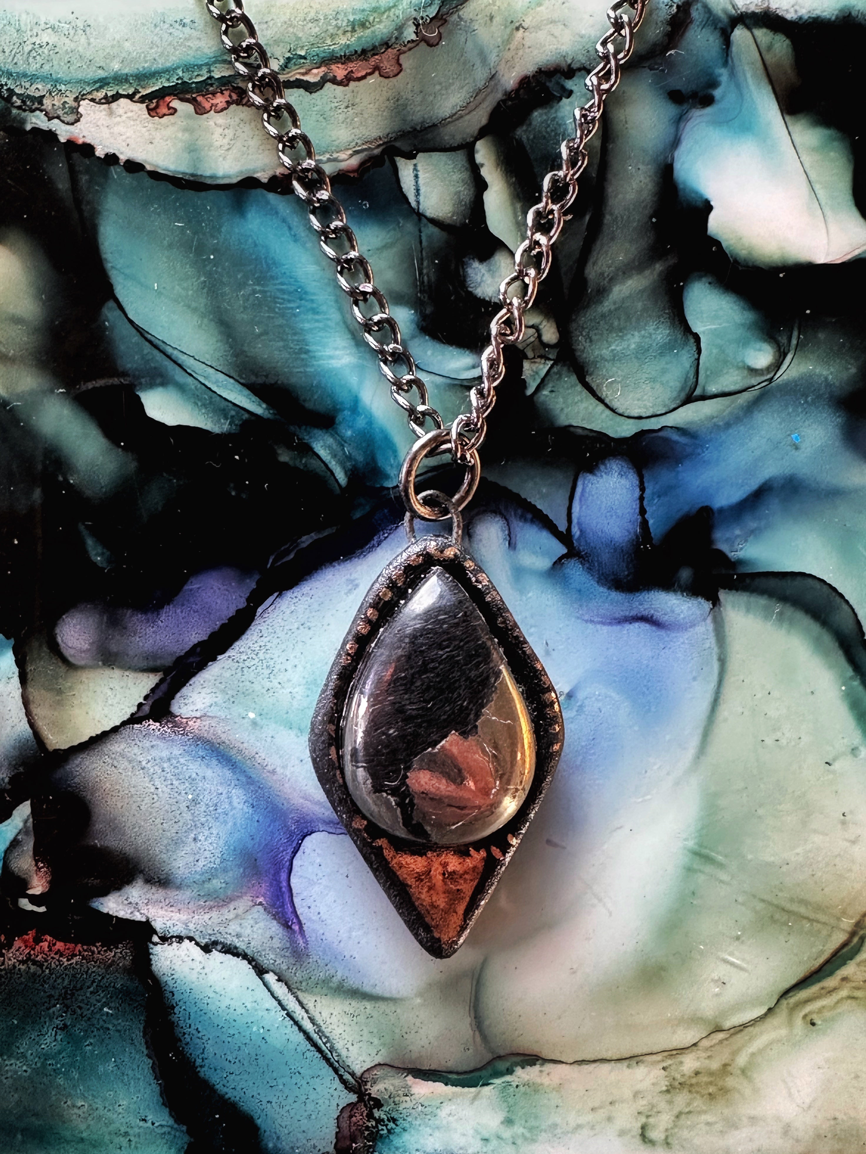 Crystal Talisman - Porcelain w/ Pyrite in Magnetite Teardrop Necklace