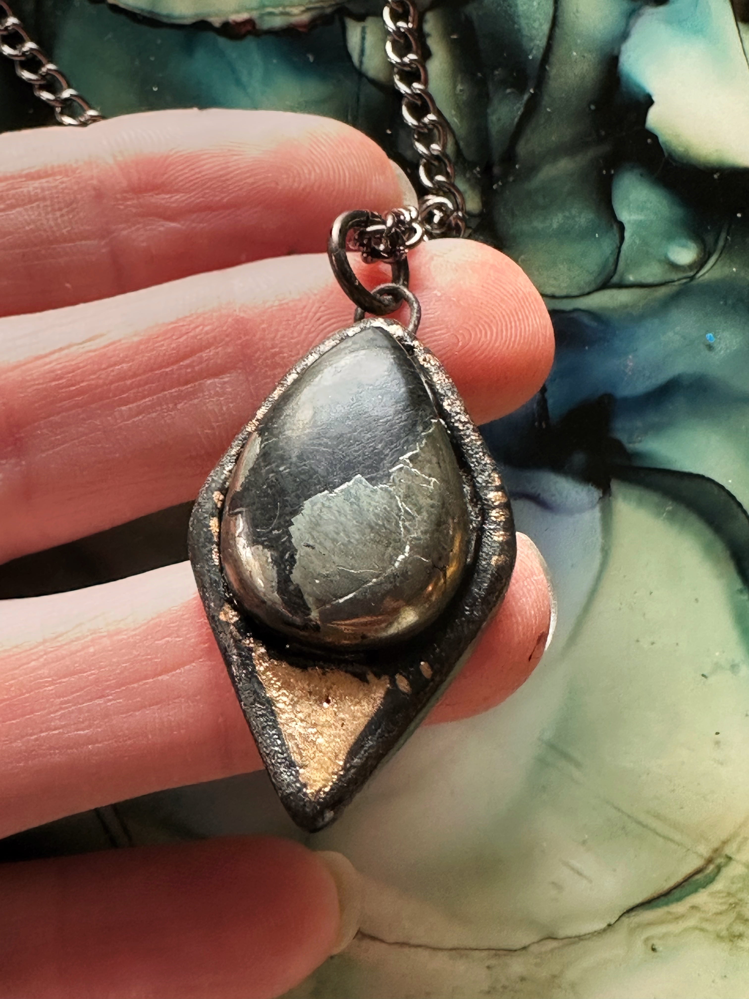 Crystal Talisman - Porcelain w/ Pyrite in Magnetite Teardrop Necklace