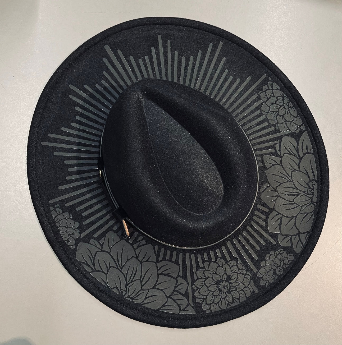 Vegan Felt Wide Brim Hat - XL Brim - Dahlia Burst - Black on Black