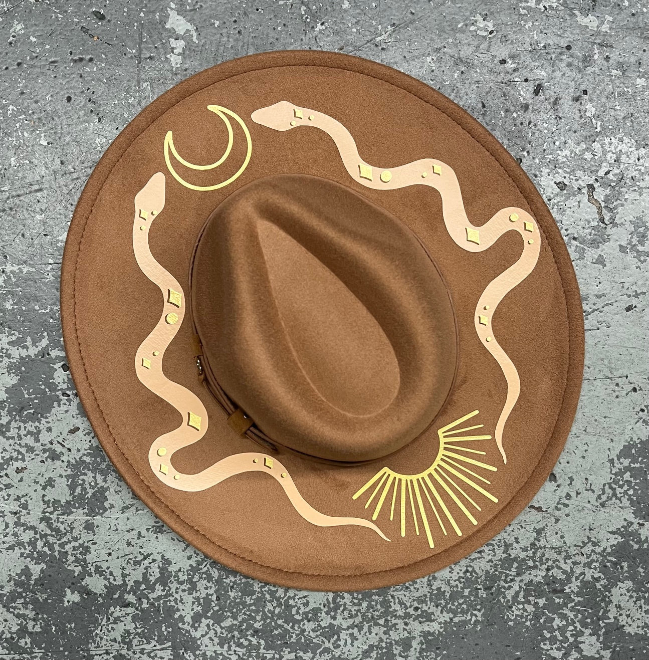 Vegan Felt Wide Brim Hat - XL Brim - Caramel  - Western Snakes