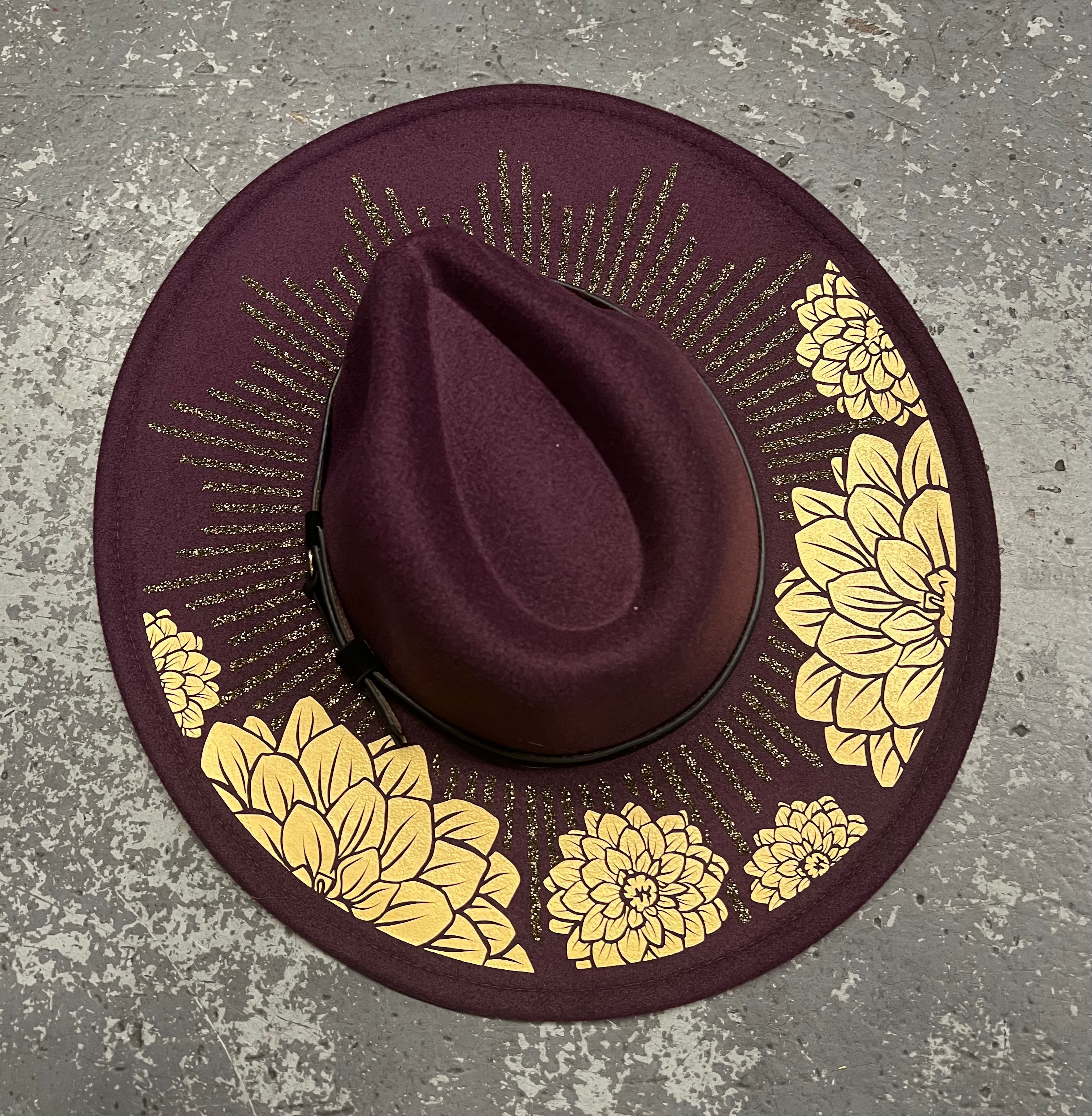 Vegan Felt Wide Brim Hat - XL Brim - PLUM - Gold Dahlia Burst