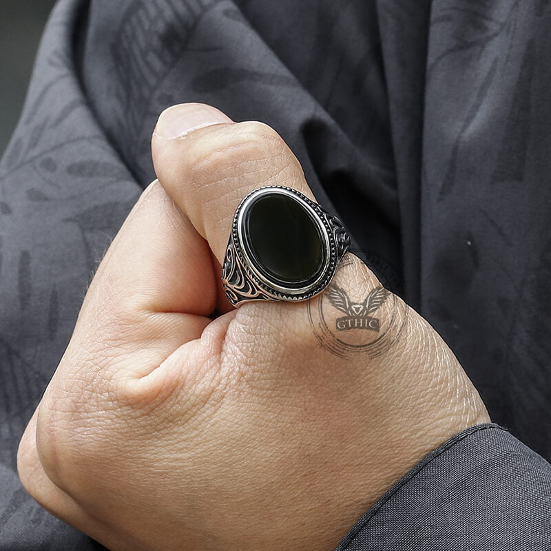 Black Oval Agate Scrying Carved Stainless Steel Ring