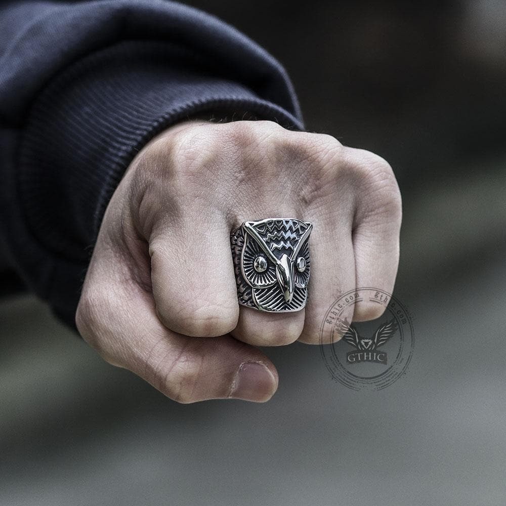 Carved Owl Stainless Steel Animal Ring