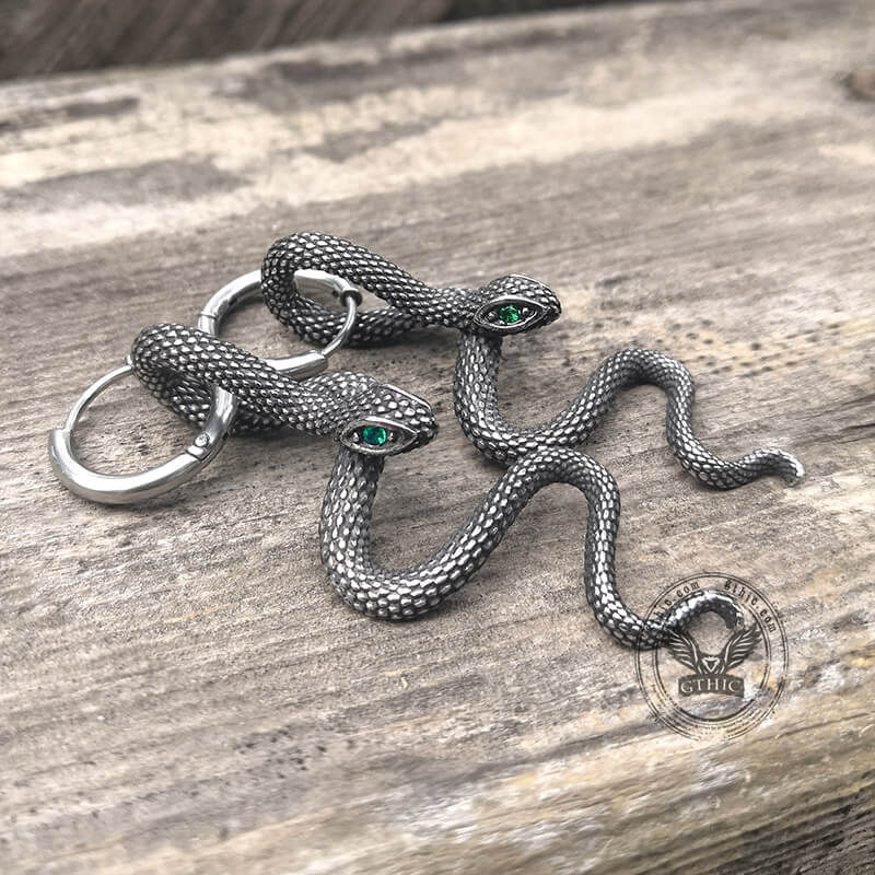 Green Eye Snake Stainless Steel Drop Earrings