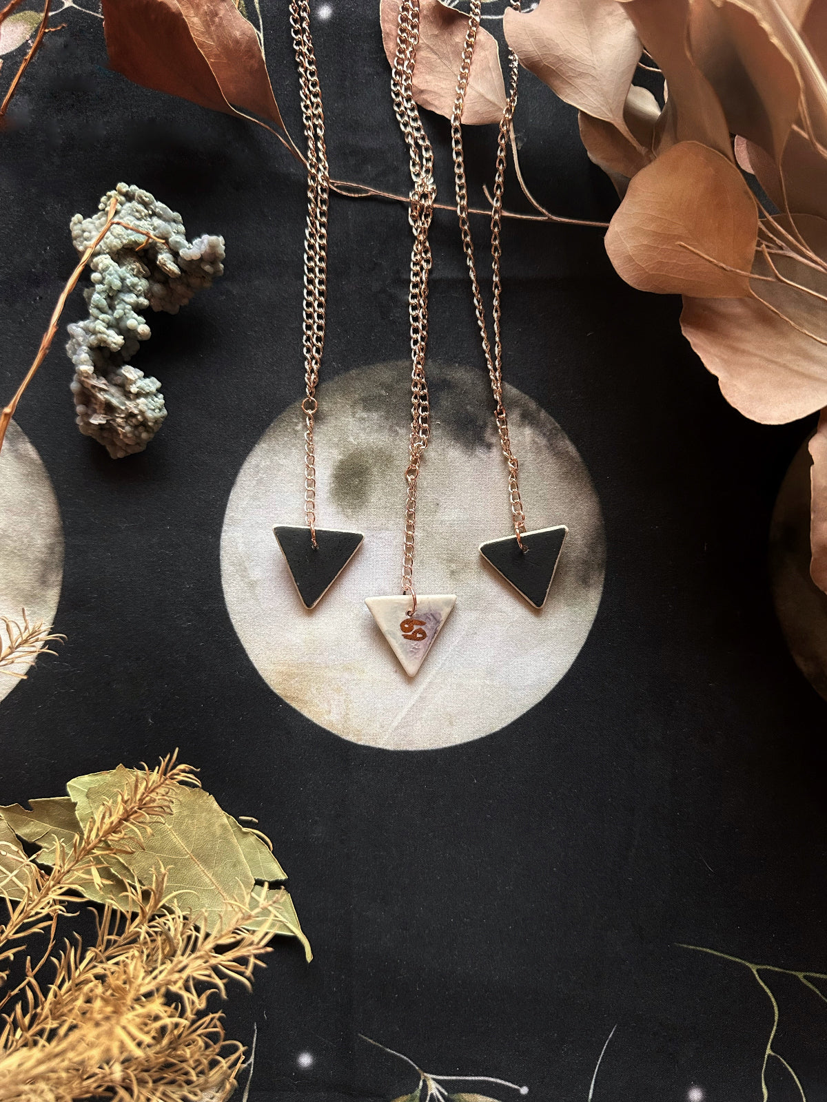 A geometric image on one side of a necklace and a Cancer zodiac symbol on the other side. this is displayed on a background with plants and a moon image.