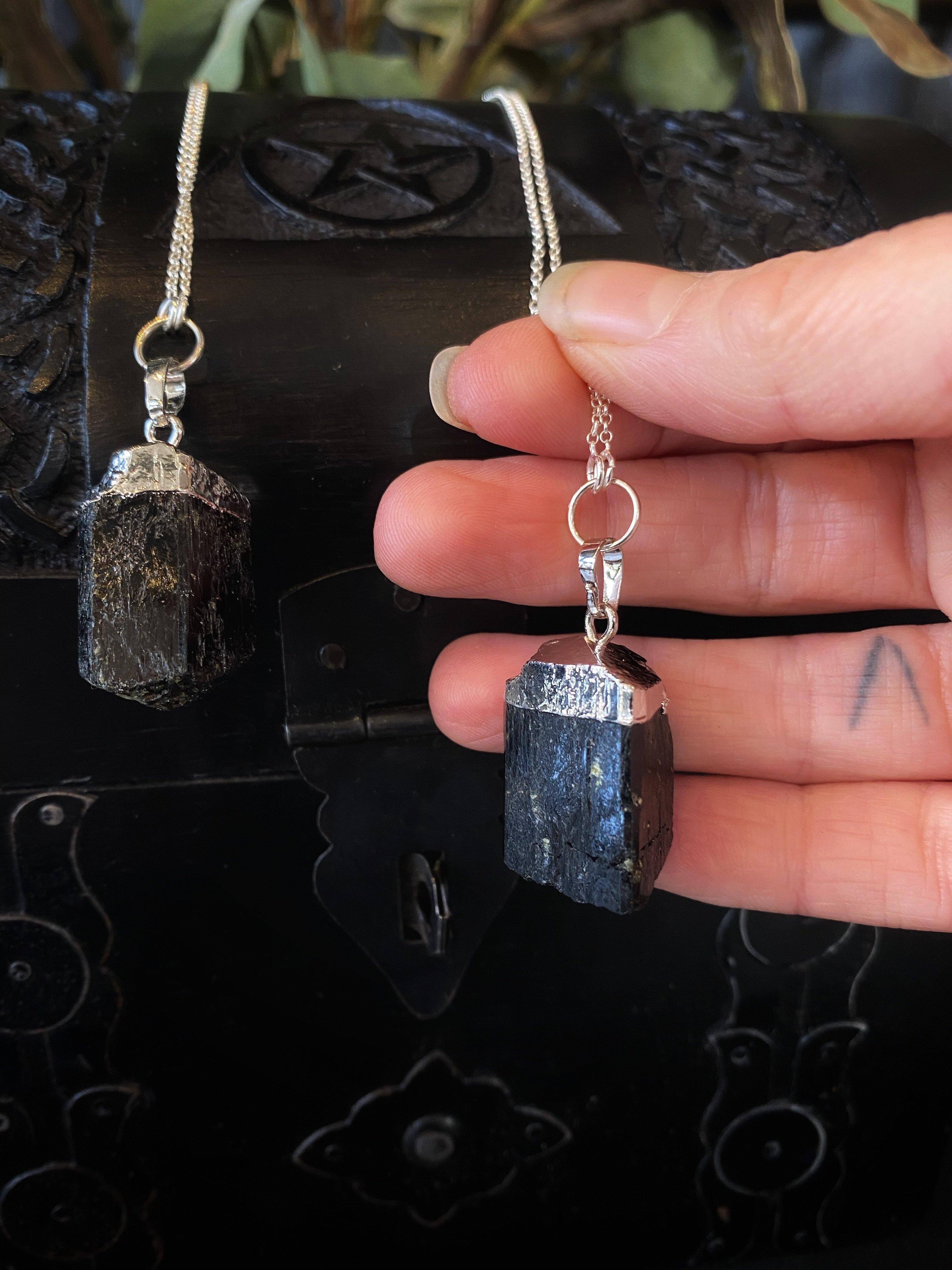 Black Tourmaline Pendant on Sterling Silver Chain - qmeb