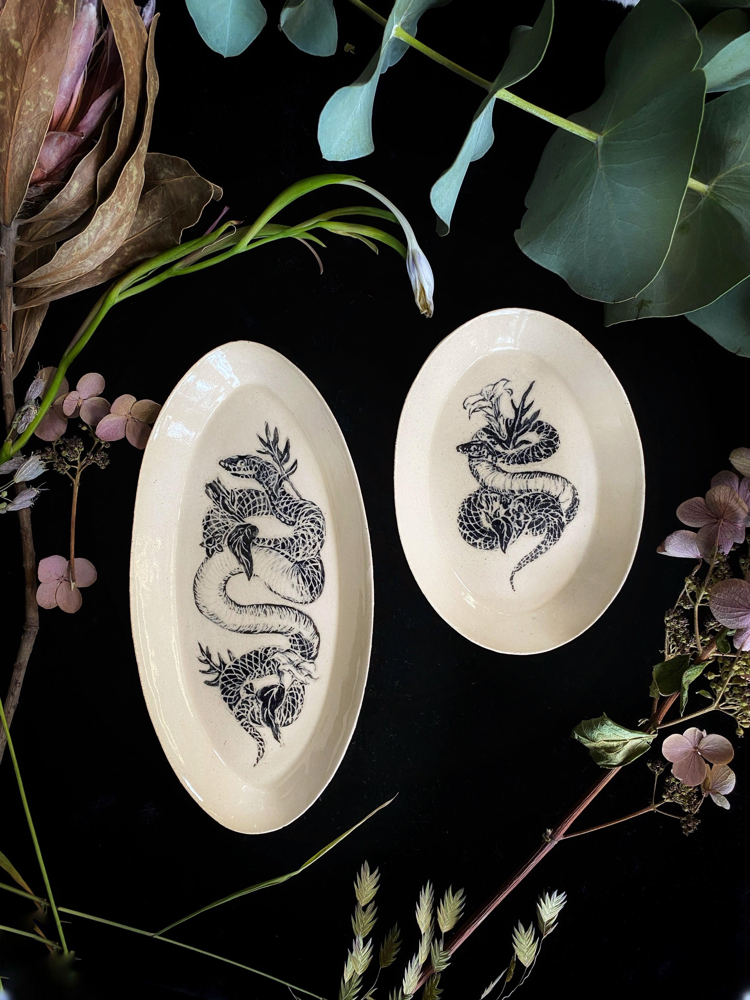 Black Sgraffito Snake and Poison Plant Ceramic Offering Plates - Keven Craft Rituals