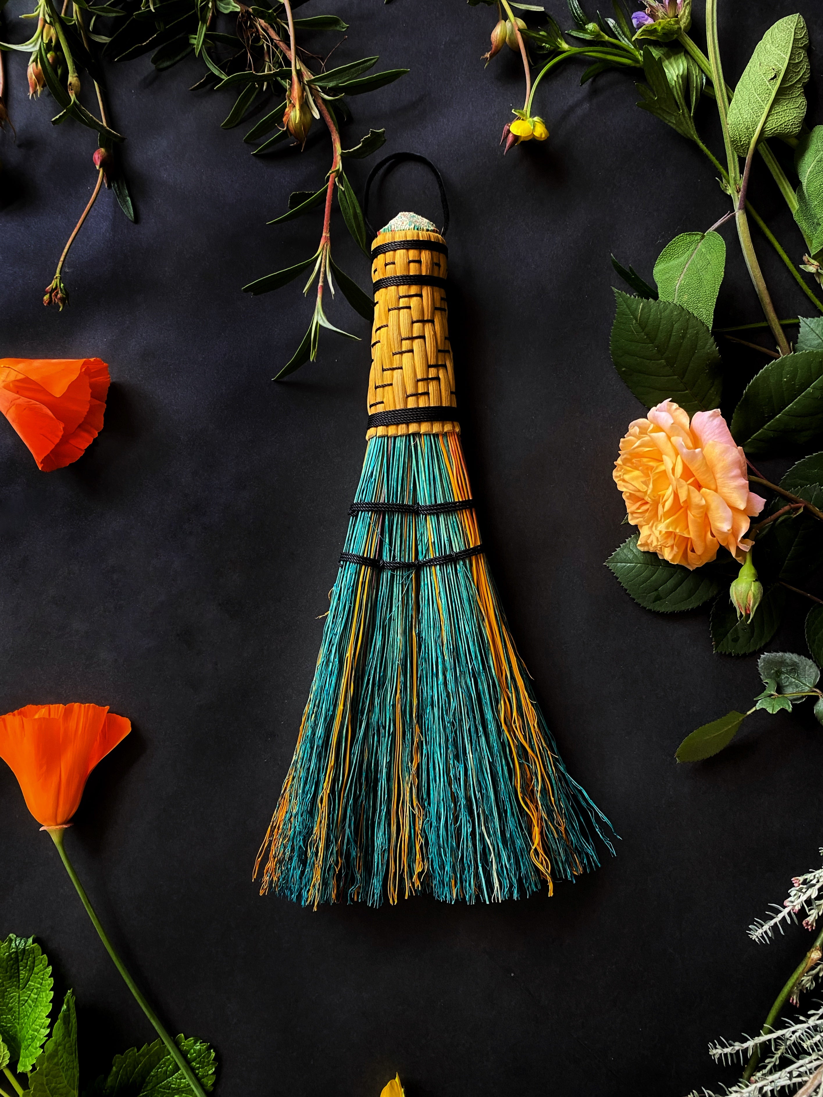 Hand Dyed, Woven Handle Stitched Hand Broom