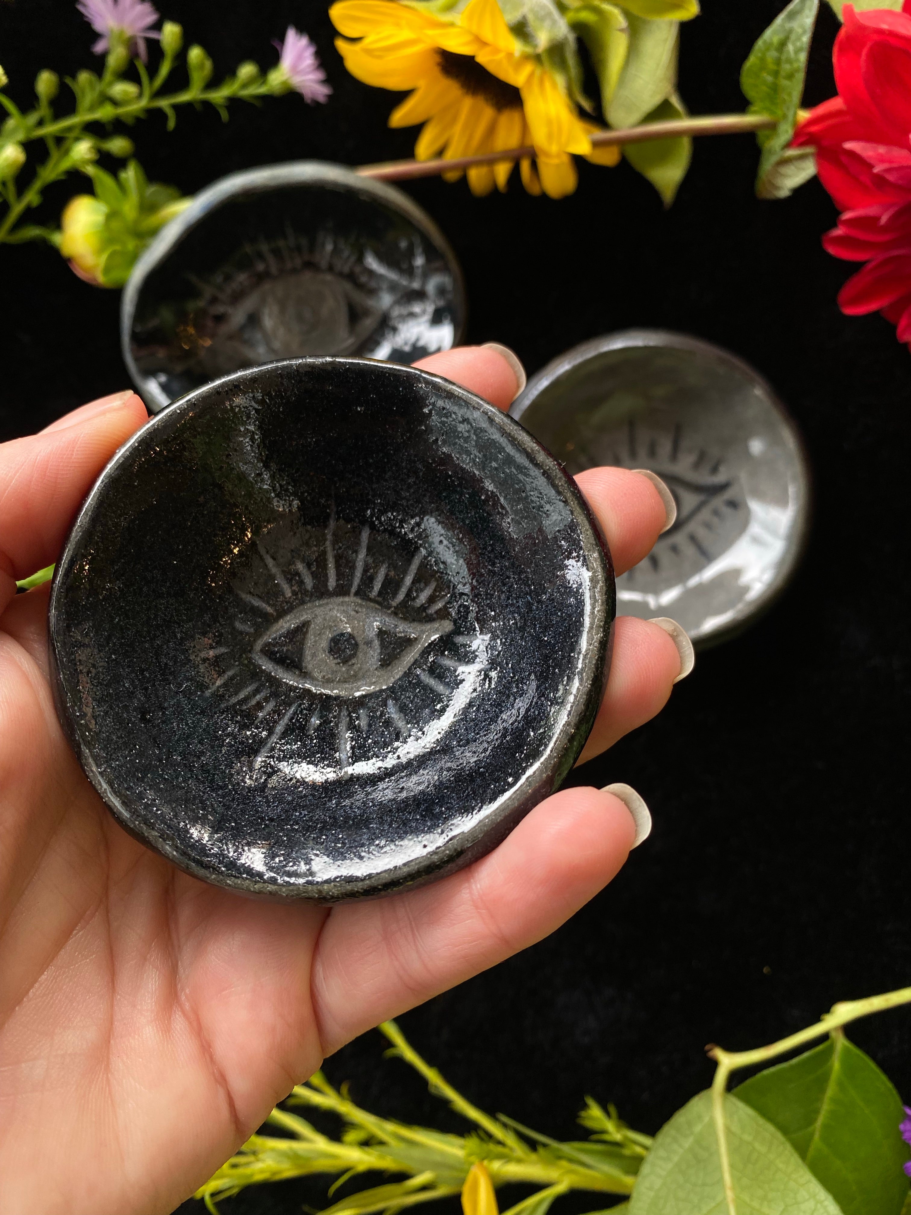 Black Sgraffito Black / Grey Evil Eye Mini Offering Dishes - Keven Craft Rituals