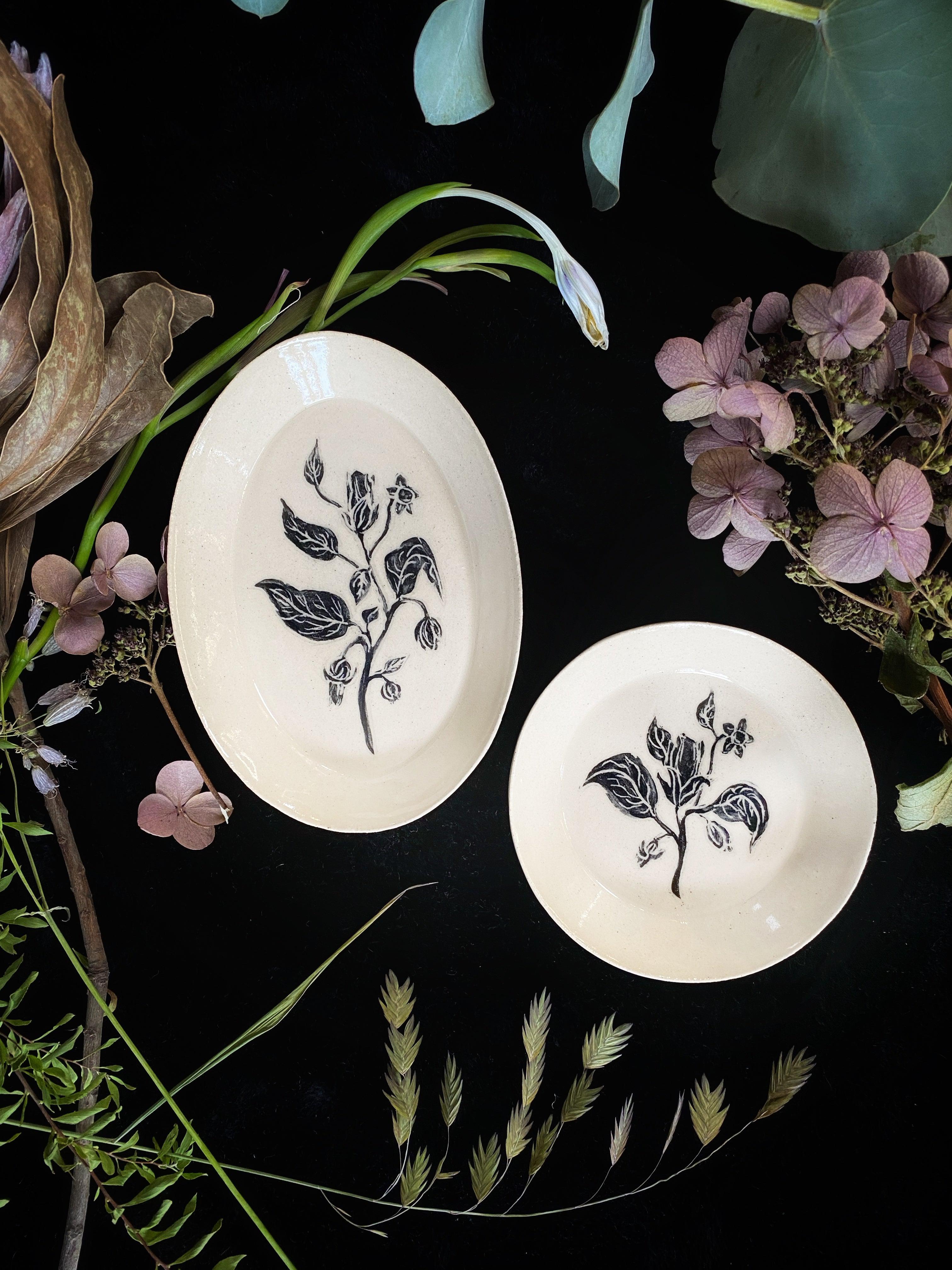 Black Sgraffito Belladonna Ceramic Offering Plates - Keven Craft Rituals